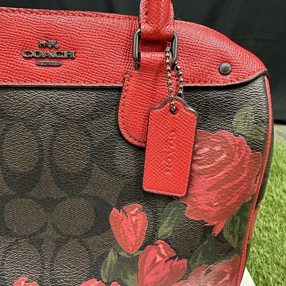 Coach Canvas Mini Bennett Brown Rose Floral Red - Picture 2 of 12